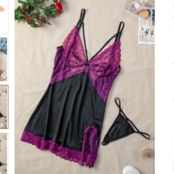 Purple Lace Spice Satin Babydoll with Slit - Picture 3 of 8